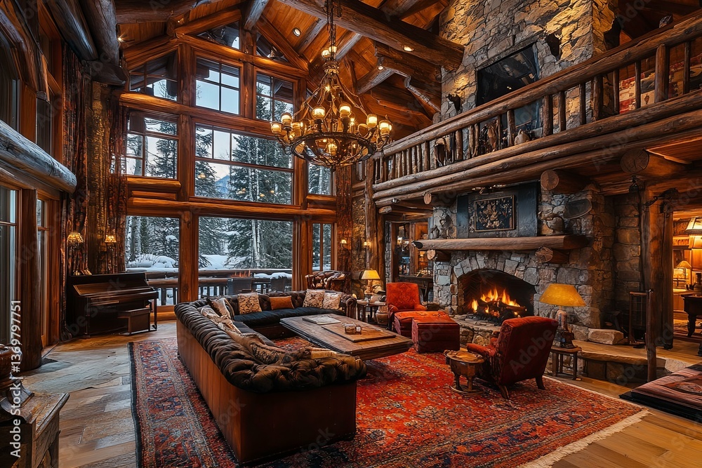 Fototapeta premium A cozy cabin interior features wooden structures and a fireplace