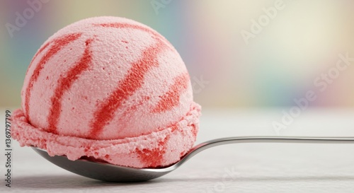 A vibrant scoop of strawberry ice cream sits on a silver spoon, the swirls of pink and red adding an eye-catching contrast.