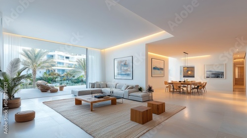 Open-plan living space with natural light, neutral tones, and modern furniture