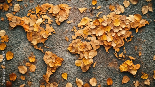 World map made of fallen leaves, photography