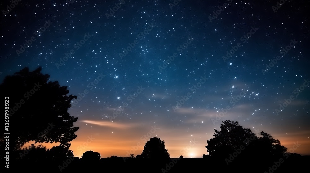 Naklejka premium Starry Night Sky Over Silhouetted Trees