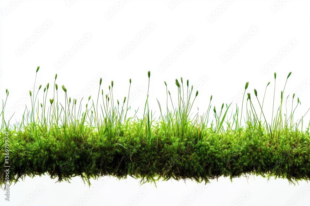 Lush Green Moss Patch with Grass Tufts Isolated on White Background Lush Green Moss Patch with Grass Tufts Isolated on White Background