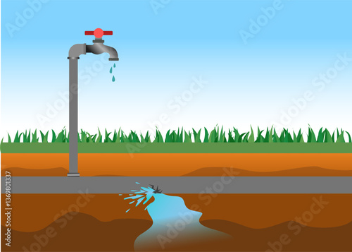 water leaking from underground tap pipes vector illustration, underground pipe leak, leaked faucet