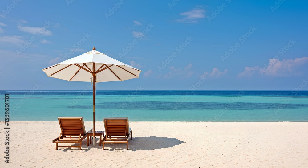Fototapeta premium Tropical Beach Paradise with Lounge Chairs and Umbrella