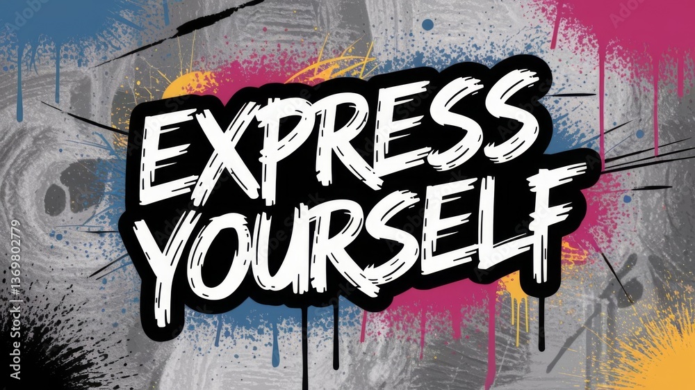 Fototapeta premium A bold poster with “EXPRESS YOURSELF” in a dynamic graffiti‑style font splashed in vibrant urban colors.