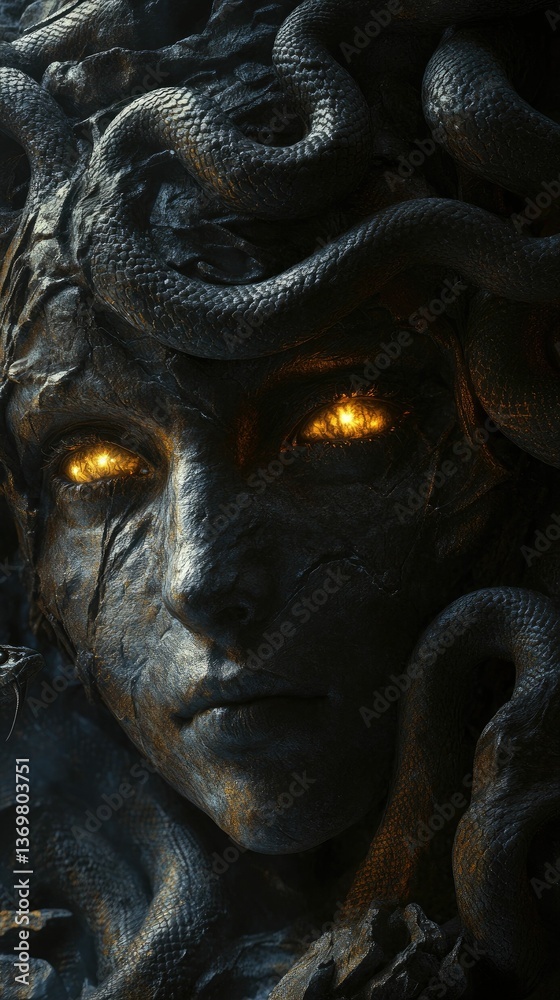 Gorgon's stony face, glowing eyes, serpentine hair. Gorgon's stony face, glowing eyes, serpentine hair.