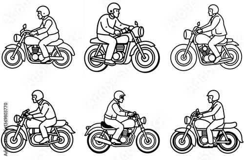 Line Art Man Riding Motorcycle, Helmet, Retro Style Bike, Isolated on White Background