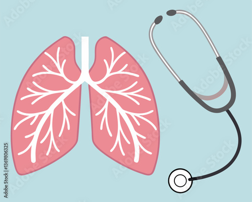 Pink Lungs and Stethoscope on Blue Background: Respiratory Health Concept