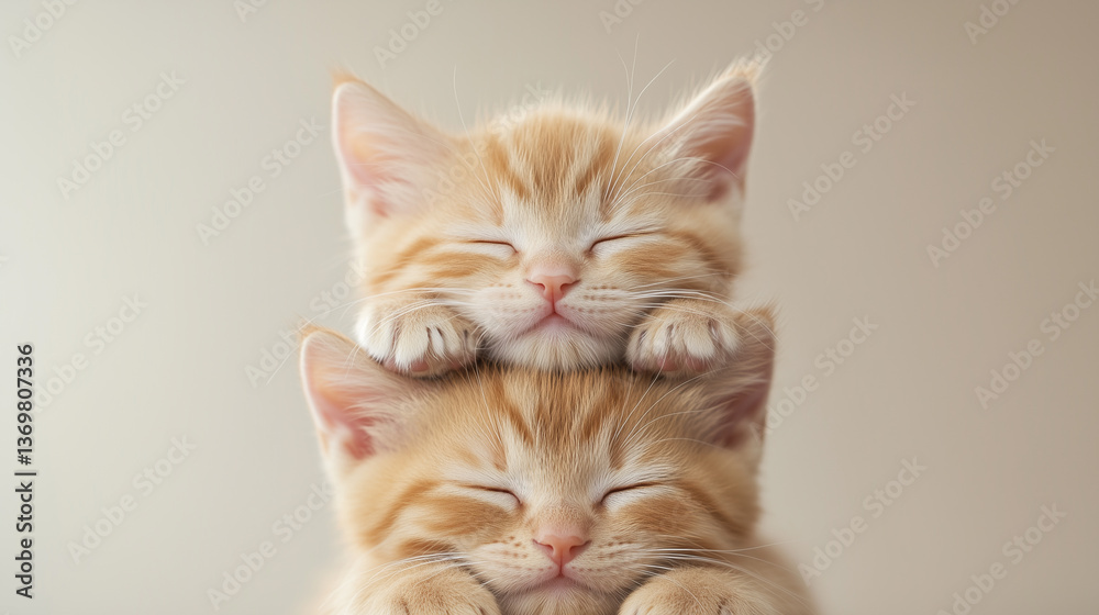 Obraz premium 幸せそうに眠る二匹の茶トラ子猫タワー | やわらかな光