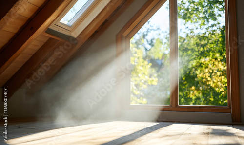 Sunbeams illuminate attic room, wooden floor, trees outside. Home interior design