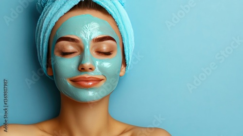 Serene Woman with a Blue Face Mask, Spa Treatment and Skincare Routine