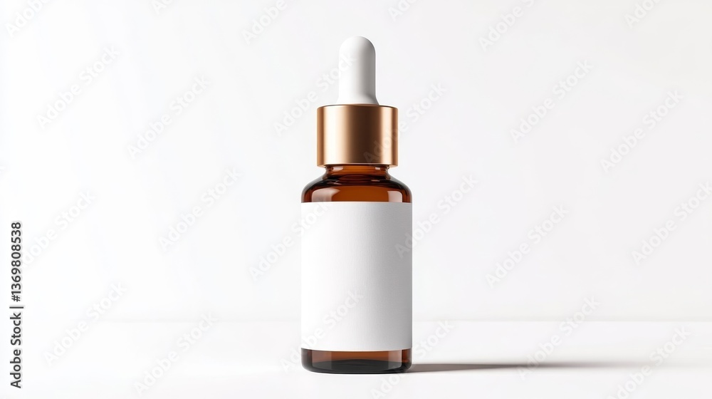 Amber dropper bottle with golden cap on white background for branding mockup. Amber dropper bottle with golden cap on white background for branding mockup.