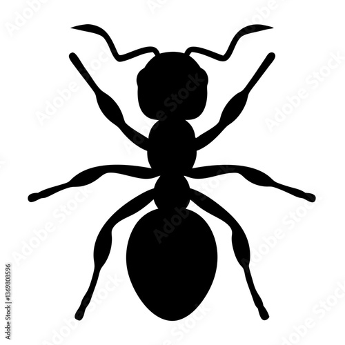 A simple and elegant silhouette of an ant, emphasizing its unique features. The ant is captured from a top-down perspective, showing the body and its legs. 
