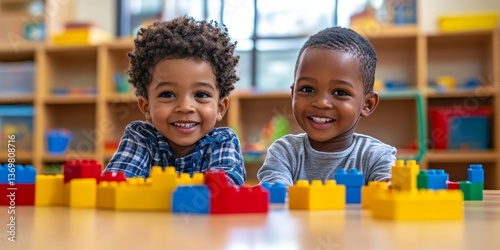 Adorable african american boys playing with construction blocks sitting on table at kindergarten