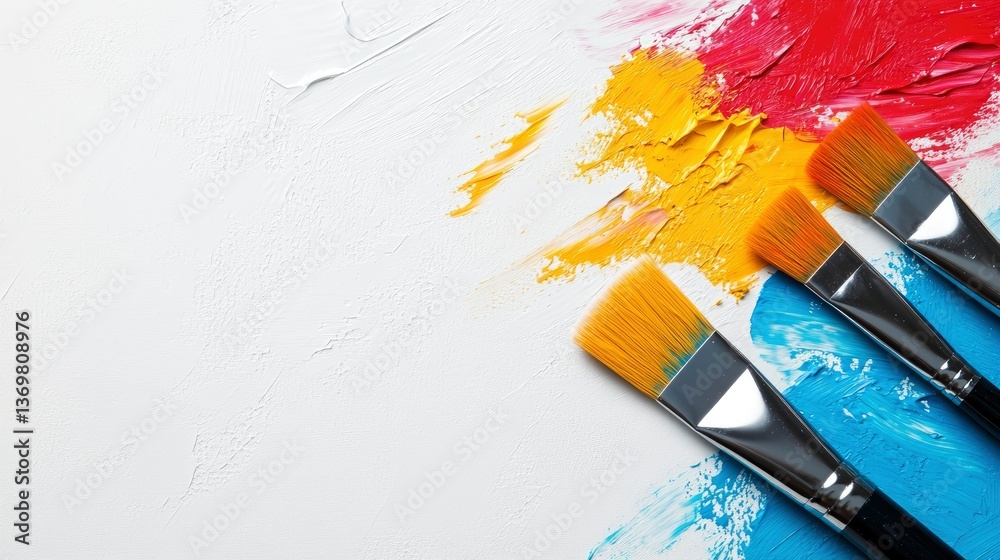 Fototapeta premium Colorful Paintbrushes on Textured Canvas with Vibrant Acrylic Paint Strokes