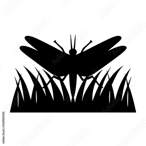 Silhouette of Dragonfly on Grass: A minimalist illustration of a dragonfly resting on blades of grass, featuring a striking silhouette against a neutral backdrop.