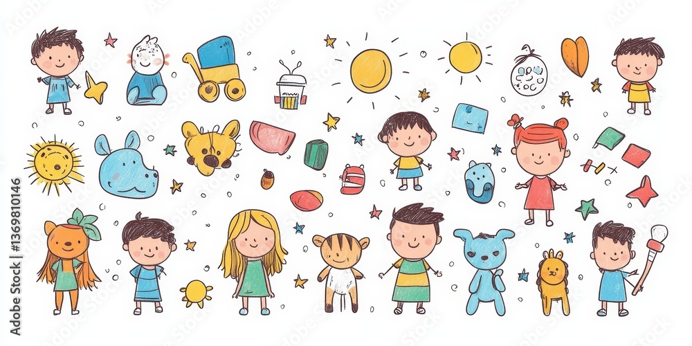 Colorful big of set Children cartoon icon doodle style. Collection outline of Boys, Girls, Toys, Animals. Childish coloring Kindergarten. simple elements isolated on white Colorful big of set Children cartoon icon doodle style. Collection outline of Boys, Girls, Toys, Animals. Childish coloring Kindergarten. simple elements isolated on white