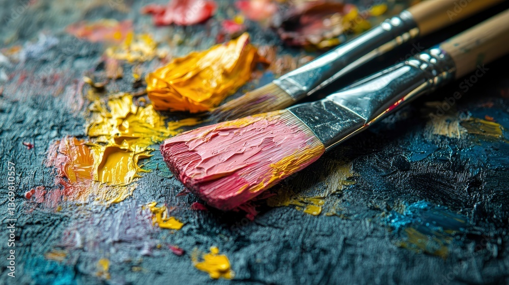 Fototapeta premium Close-up of Paintbrushes on a Colorful Artist's Palette