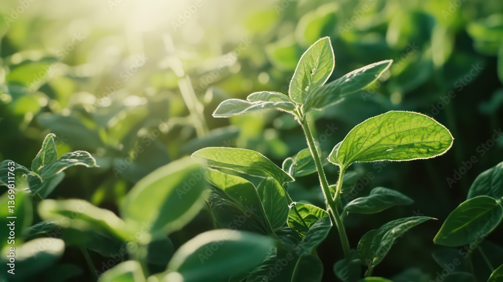 Obraz premium A farmer watches young soybean plants thrive under sunlight, their green leaves vibrant in a healthy, growing farm field.