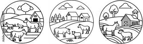 Farm Animal Line Art Horses, Cows, Barns & Rolling Hills Black Outlines in Circles