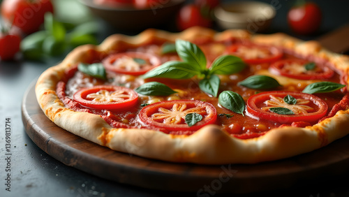 Artisanal Tomato Pizza with Basil on Wood Board