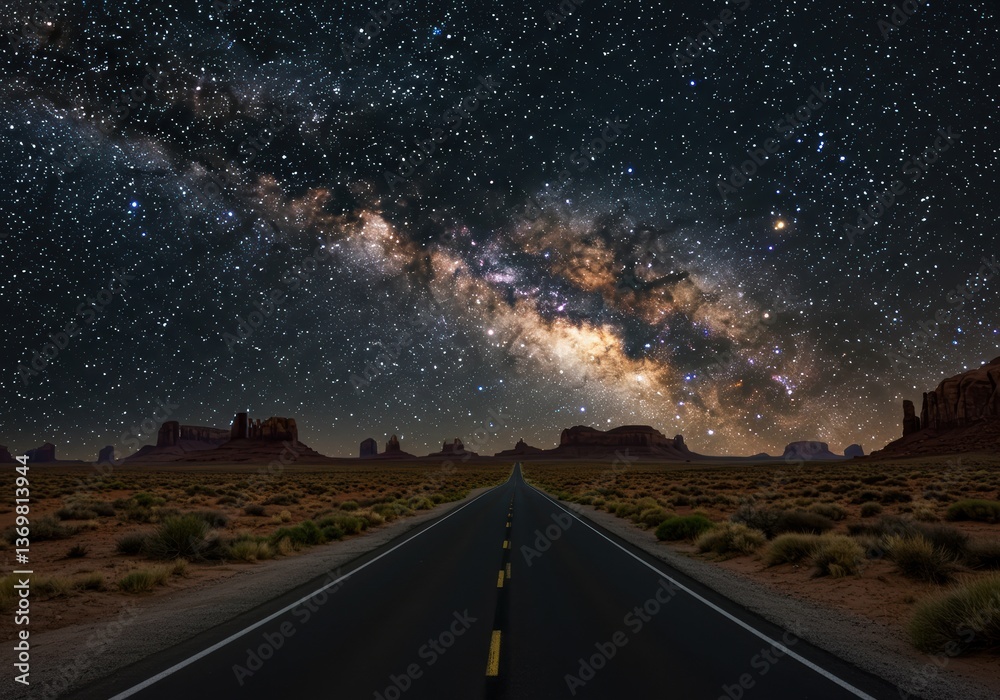 Naklejka premium Driving into the night: The Milky Way shines over the desert highway in Monument Valley.