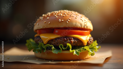 Delicious and Fresh Hamburger on Wooden Surface