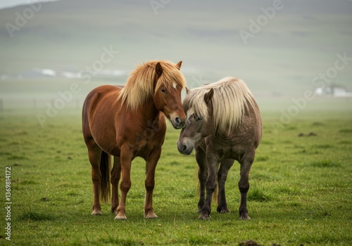 Two Icelandic horses affectionately nuzzle each other in a misty field on a peaceful morning.