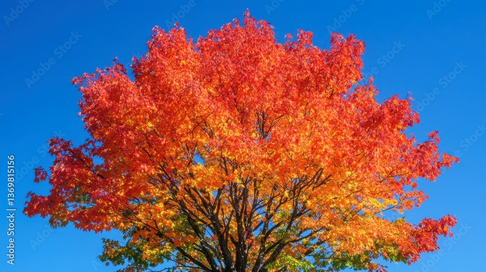 Fototapeta premium Vibrant Autumn Tree with Bright Red and Orange Leaves Against Blue Sky