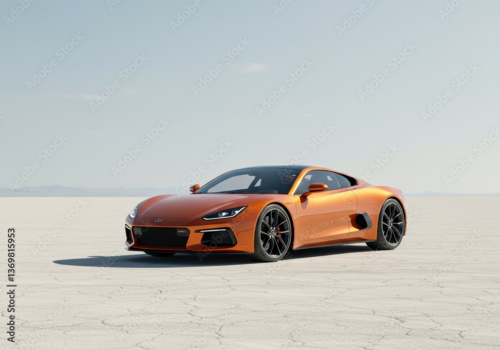 Fototapeta premium An orange sports car is parked on the Bonneville Salt Flats under a clear blue sky.