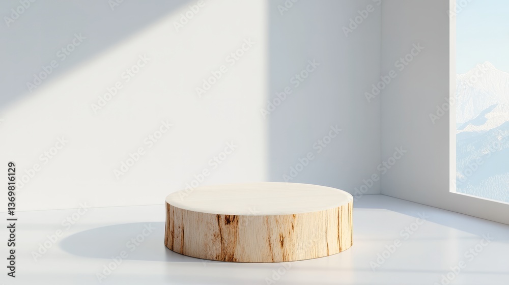 Wooden pedestal stands in white room illuminated by sunlight Wooden pedestal stands in white room illuminated by sunlight
