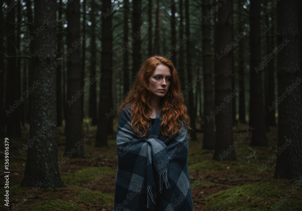 A beautiful redhead wraps herself in a cozy blanket while standing in a peaceful, secluded forest. A beautiful redhead wraps herself in a cozy blanket while standing in a peaceful, secluded forest.