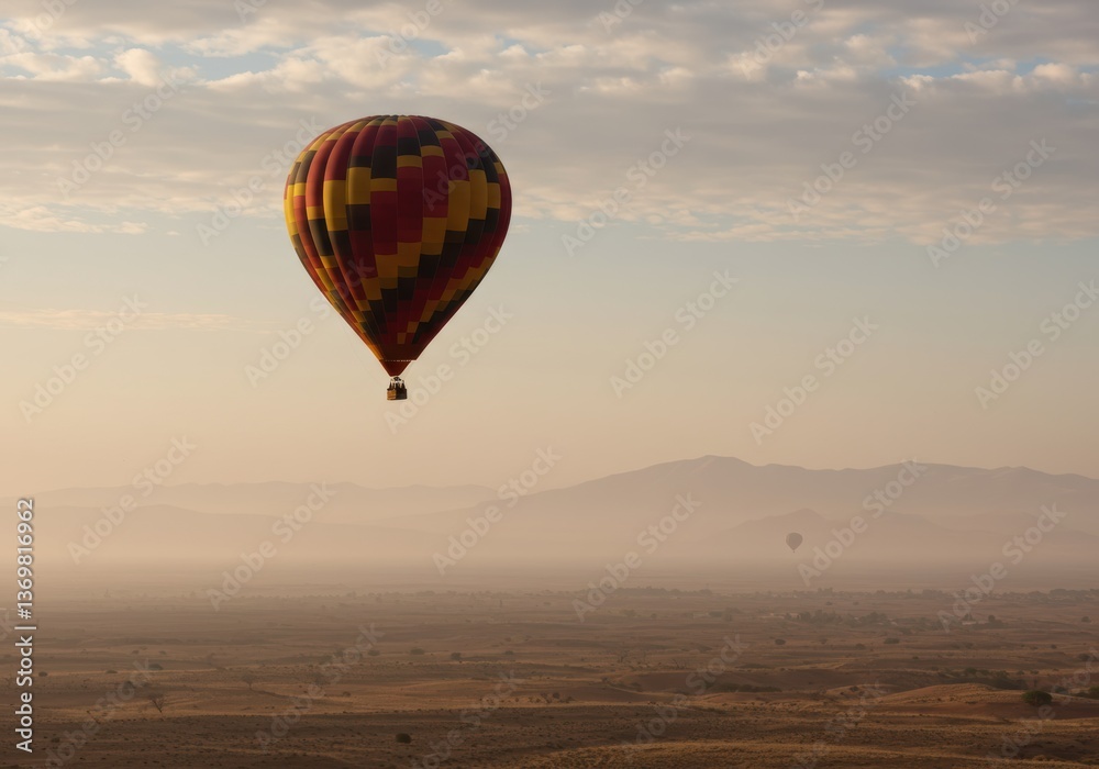 Obraz premium A colorful hot air balloon drifts silently over a misty desert landscape at sunrise.