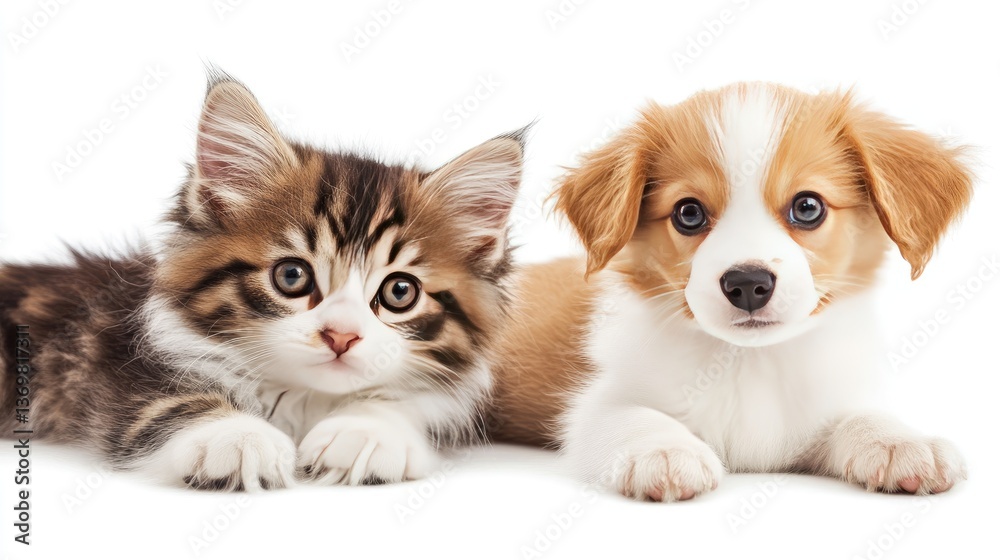 Adorable kitten and puppy cuddling together on a white background Adorable kitten and puppy cuddling together on a white background