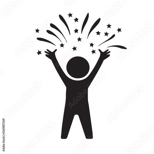 Black Silhouette of a Happy Person Celebrating with Stars – Joy, Success, Excitement, Achievement, and Positive Energy Icon