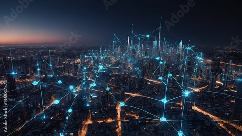 Wallpaper Mural A breathtaking aerial view of a futuristic cityscape at dusk, illuminated by vibrant blue network connections. Torontodigital.ca