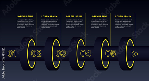Modern infographic template for business presentations: step-by-step process with numbers, text blocks, and graphic elements for easy demonstration of a plan, strategy, or report.