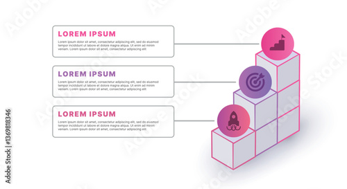 Modern infographic template for business presentations: step-by-step process with numbers, text blocks, and graphic elements for easy demonstration of a plan, strategy, or report.