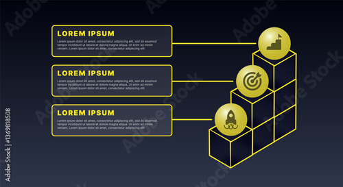 Modern infographic template for business presentations: step-by-step process with numbers, text blocks, and graphic elements for easy demonstration of a plan, strategy, or report.