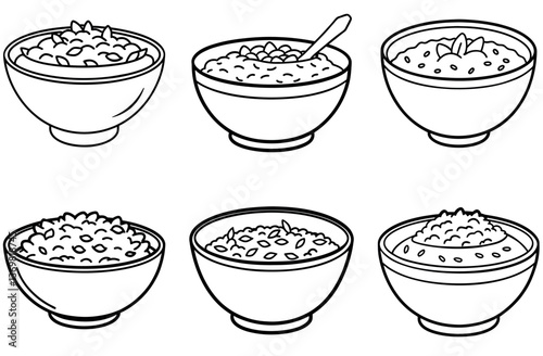 Bowls Outline Set Isolated Bowls, Simple Black Line Art with Grains, Spoon and Leaves