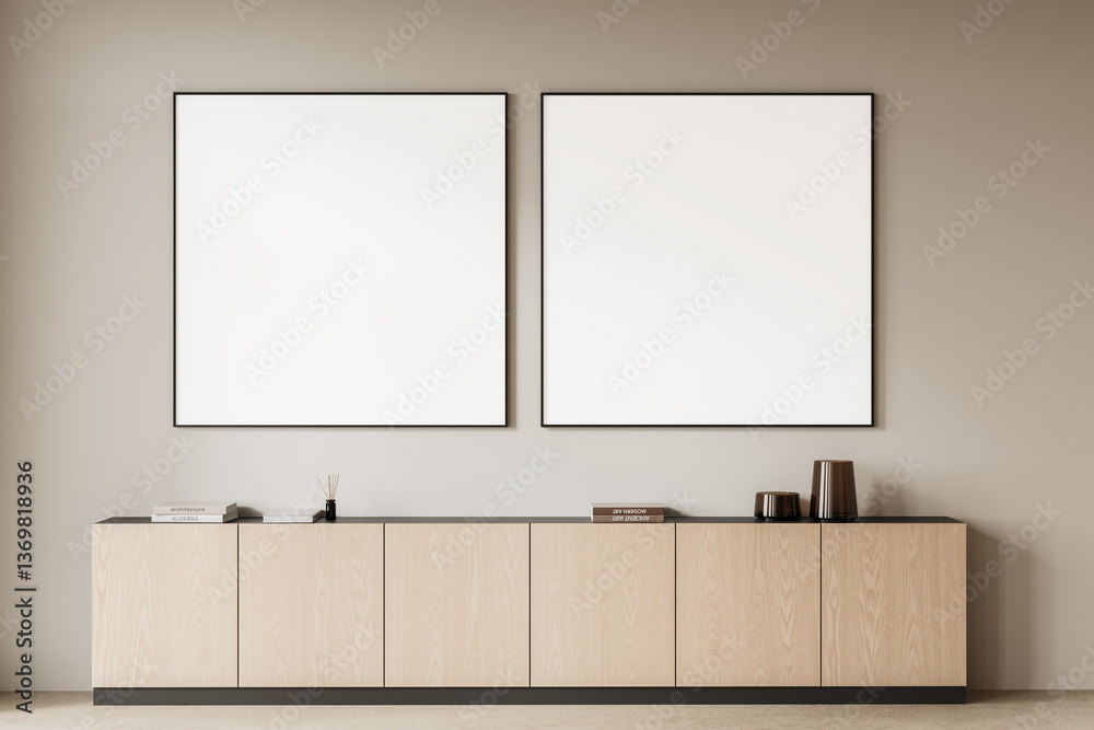 Fototapeta premium Minimalist interior with two blank posters on wall above wooden cabinet. 3D Rendering