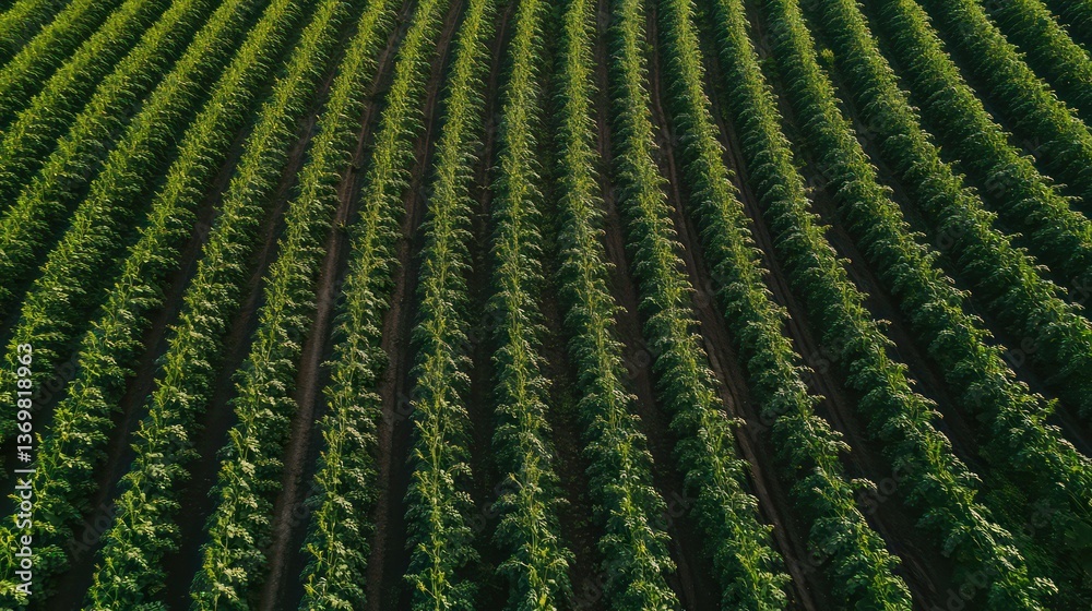 High angle view of a soybean plantation with rows of growing plants, showing the green leaves in the background and the early growth stages of the plants. High angle view of a soybean plantation with rows of growing plants, showing the green leaves in the background and the early growth stages of the plants.