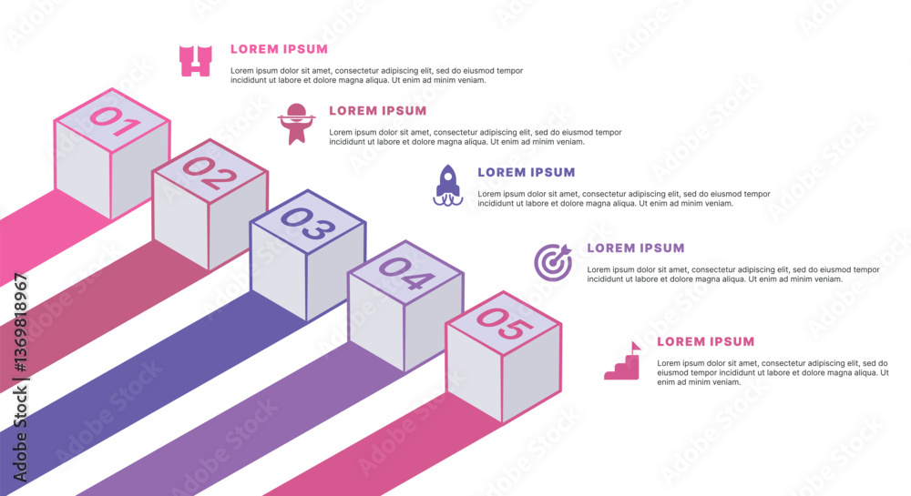 Modern infographic template for business presentations: step-by-step process with numbers, text blocks, and graphic elements for easy demonstration of a plan, strategy, or report.