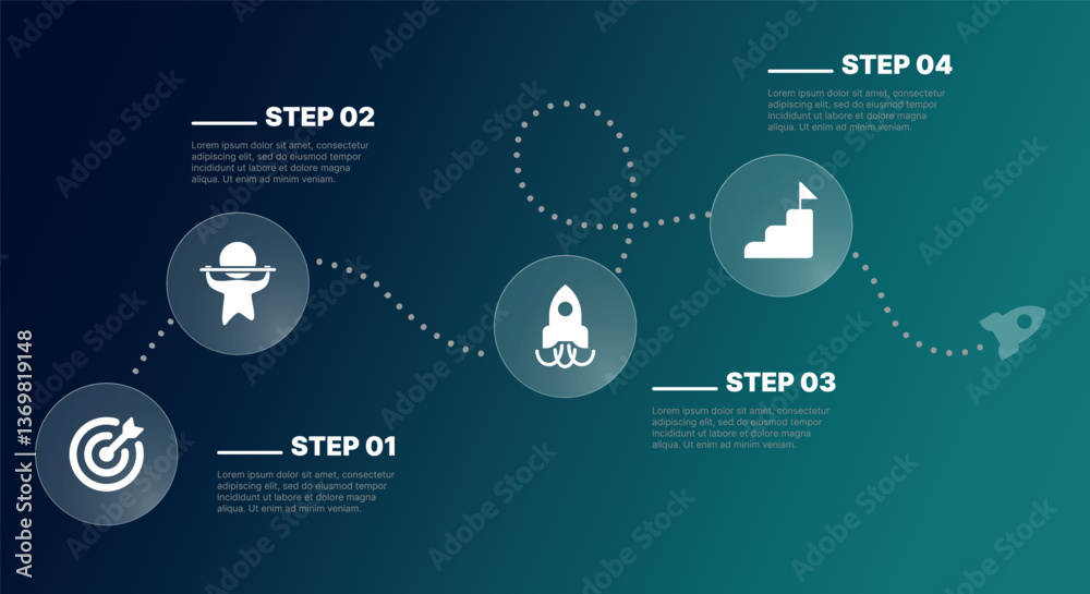 Modern infographic template for business presentations: step-by-step process with numbers, text blocks, and graphic elements for easy demonstration of a plan, strategy, or report.