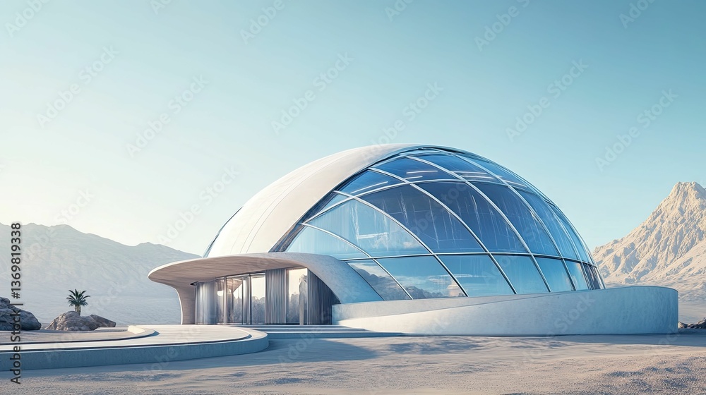 Obraz premium Futuristic dome structure, desert landscape, glass walls.