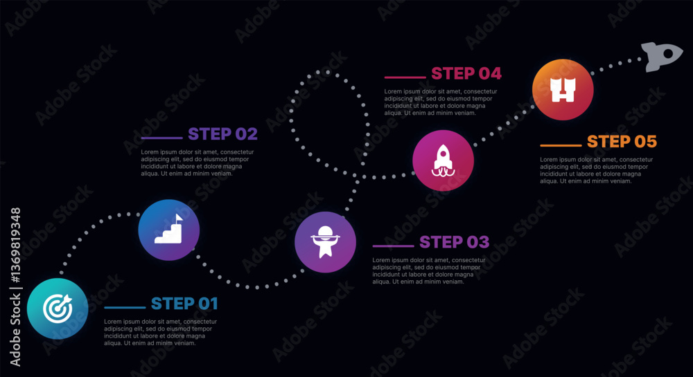 Modern infographic template for business presentations: step-by-step process with numbers, text blocks, and graphic elements for easy demonstration of a plan, strategy, or report.