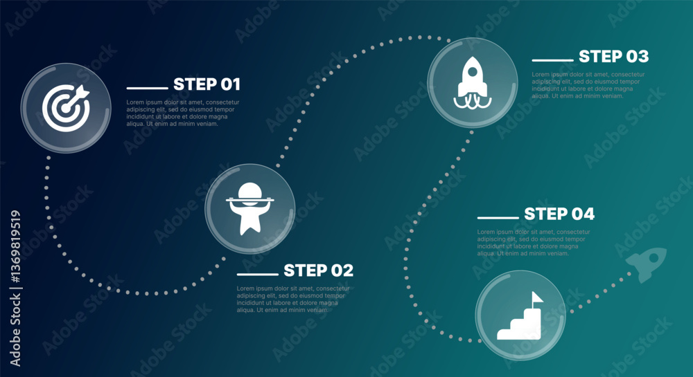 Modern infographic template for business presentations: step-by-step process with numbers, text blocks, and graphic elements for easy demonstration of a plan, strategy, or report.