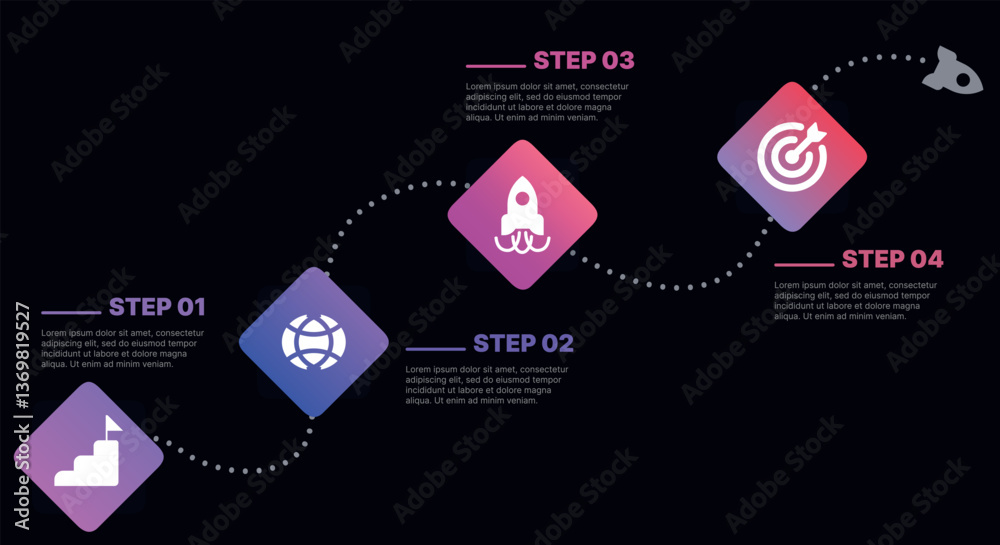 Modern infographic template for business presentations: step-by-step process with numbers, text blocks, and graphic elements for easy demonstration of a plan, strategy, or report.
