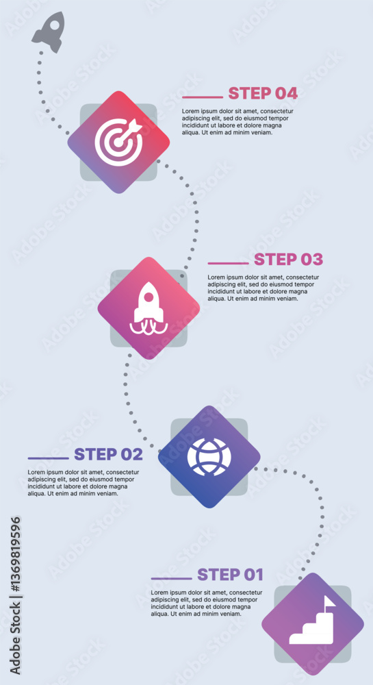Modern infographic template for business presentations: step-by-step process with numbers, text blocks, and graphic elements for easy demonstration of a plan, strategy, or report.