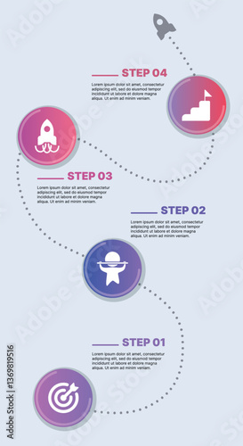 Modern infographic template for business presentations: step-by-step process with numbers, text blocks, and graphic elements for easy demonstration of a plan, strategy, or report.